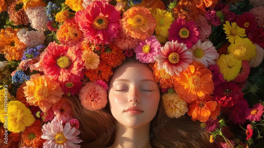 Vibrant flowers surround a serene girl's face. Perfect for beauty, spa, or summer themes; evokes peace and natural beauty. Vibrant flowers surround a serene girl's face. Perfect for beauty, spa, or summer themes; evokes peace and natural beauty.