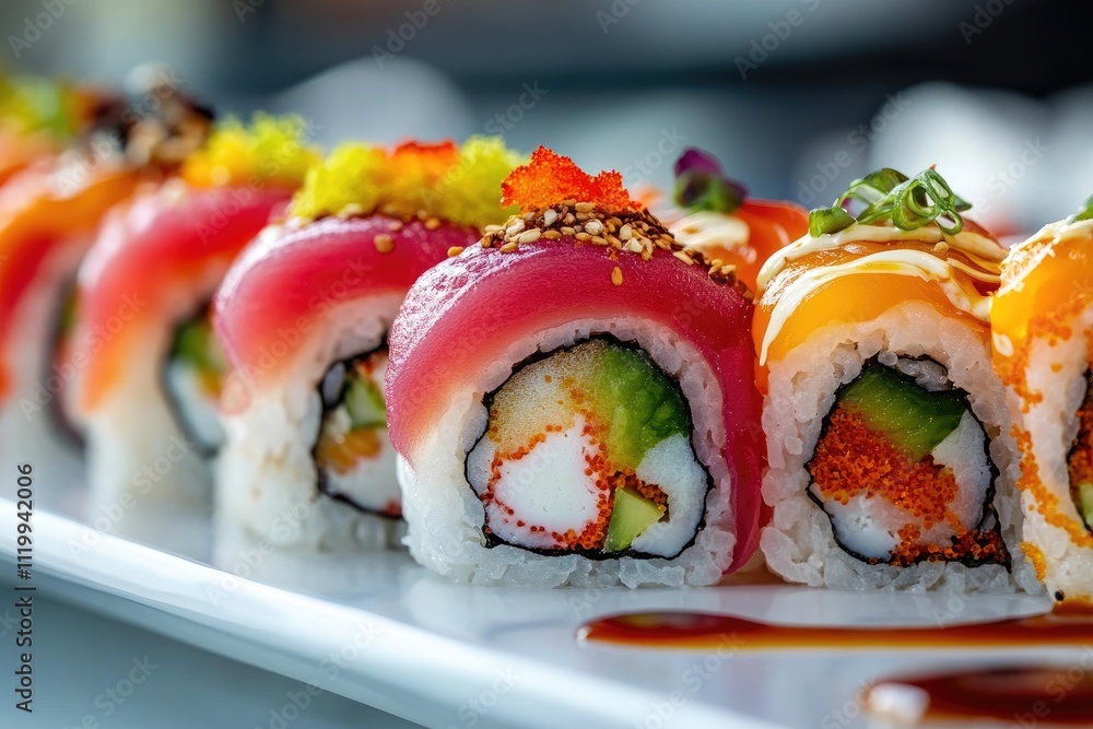 Close up of uramaki sushi served on a white plate with soy sauce