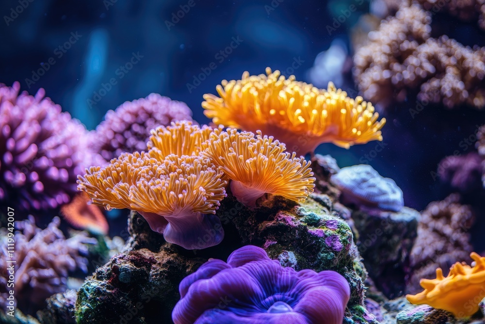 Fototapeta premium Vibrant coral polyps thriving on underwater reef ecosystem