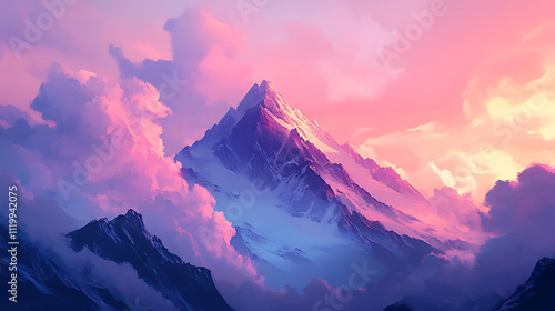 Majestic mountain silhouette against a twilight sky, with clouds glowing in soft pastel tones 