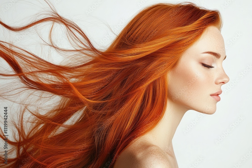 Naklejka premium Beautiful model showing shiny and healthy red hair flowing in the wind