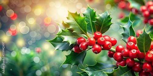 Lush Holly Branch with Vibrant Red Berries and Shiny Green Leaves Against a Sparkling Background