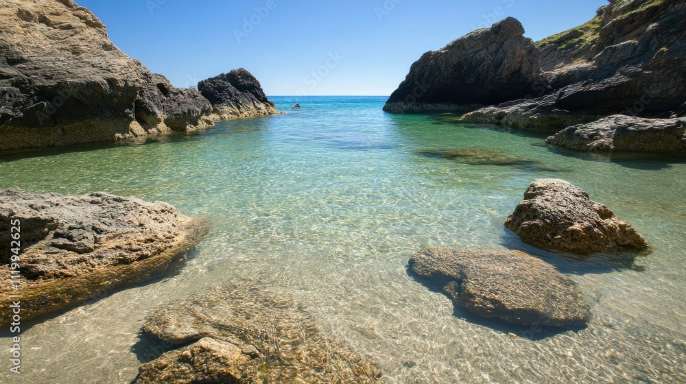 Secluded Cove Paradise: Crystal Clear Waters and Rocky Shores Secluded Cove Paradise: Crystal Clear Waters and Rocky Shores