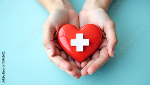 Hands holding a red heart with a white cross, symbolizing health and care.