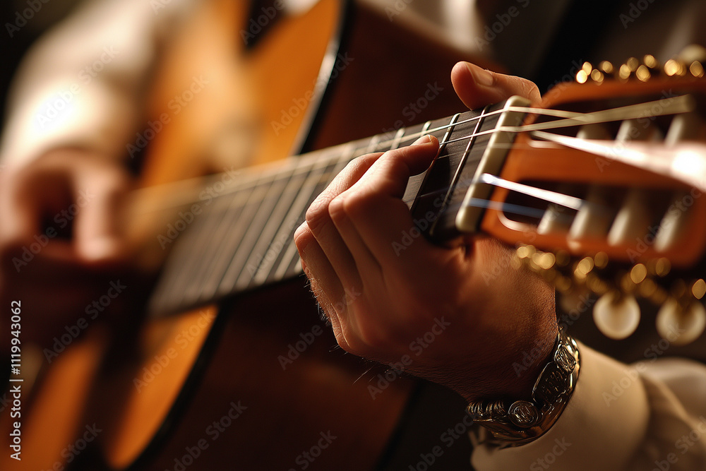 Fototapeta premium A close-up shot of hands playing an acoustic guitar, with the strings and neck in sharp focus against a soft-focus background. A cozy atmosphere.
