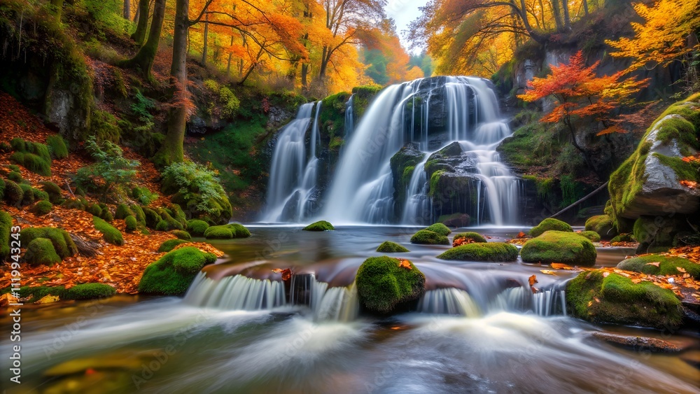 Obraz premium Breathtaking autumn waterfall in the heart of a vibrant forest