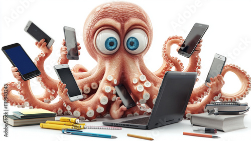 3D octopus with many arms, each holding smartphone and working on laptop, surrounded by stationery. humorous representation of multitasking in digital age