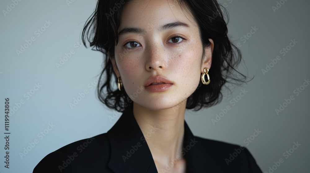 ショートヘアと金のイヤリングをした女性のエレガントな肖像画 ショートヘアと金のイヤリングをした女性のエレガントな肖像画