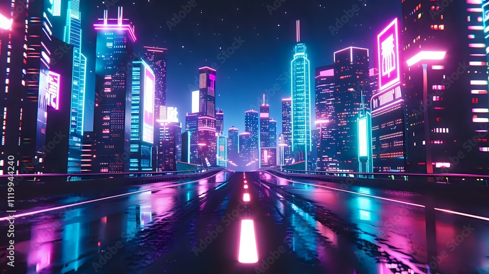 A vibrant, neon-lit urban landscape at night, showcasing futuristic skyscrapers and a reflective road. A vibrant, neon-lit urban landscape at night, showcasing futuristic skyscrapers and a reflective road.