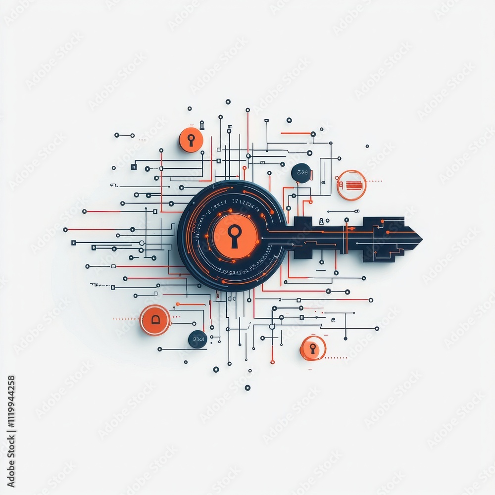 Unlocking cybersecurity a glowing key surrounded by circular data streams in a digital realm futuristic design high-tech environment conceptual viewpoint Unlocking cybersecurity a glowing key surrounded by circular data streams in a digital realm futuristic design high-tech environment conceptual viewpoint