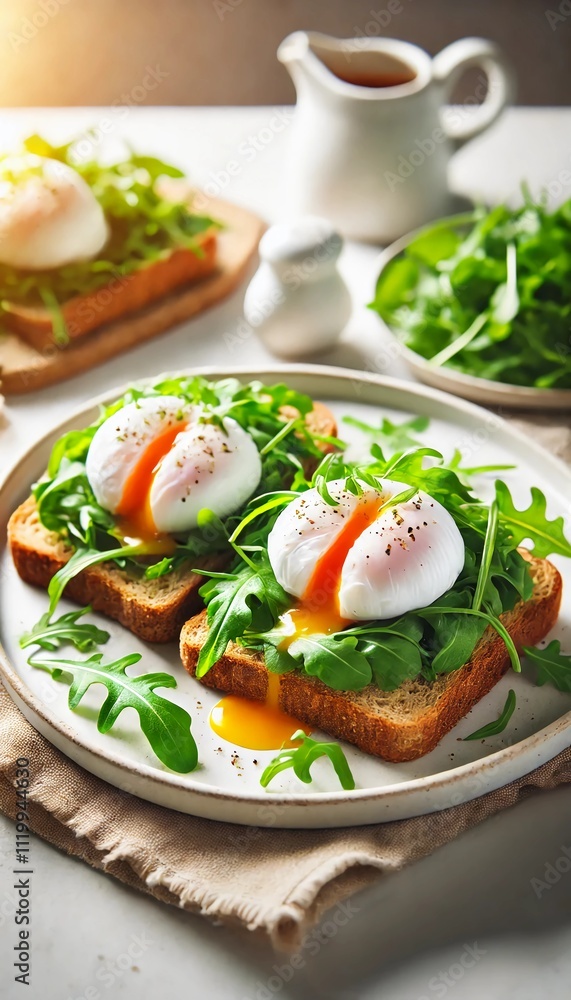 Poached Eggs on Avocado Toast with Fresh Arugula Poached Eggs on Avocado Toast with Fresh Arugula