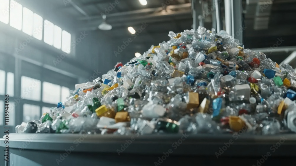 A Large Pile of Recycled Plastic Bottles and Containers in a Recycling Facility Highlighting Environmental Efforts Toward Sustainability and Waste Management Solutions A Large Pile of Recycled Plastic Bottles and Containers in a Recycling Facility Highlighting Environmental Efforts Toward Sustainability and Waste Management Solutions