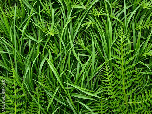  Soft green grass texture with delicate fern leaves at the edges, simple composition 