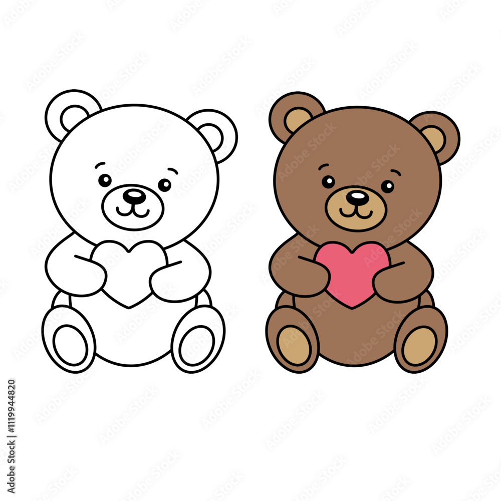 Fototapeta premium Teddy Bear with heart, outline, black and white line. Colorless Colored