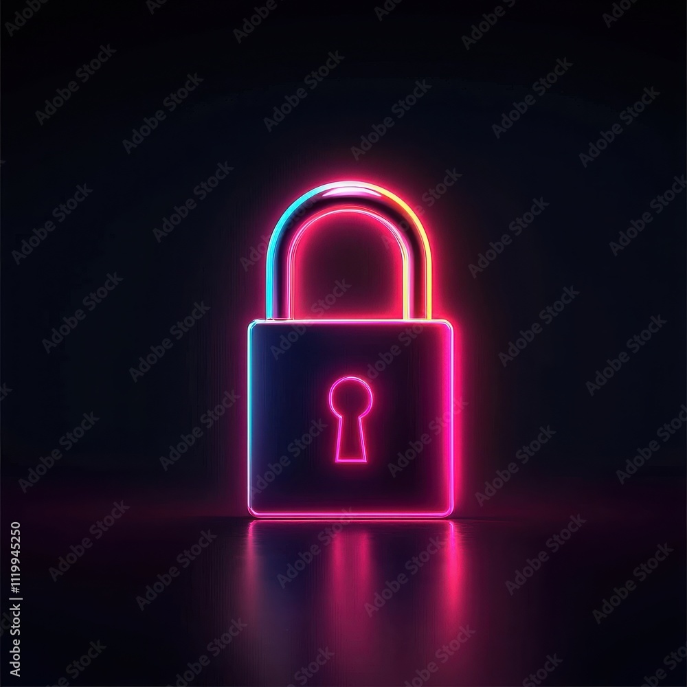 Neon glowing layered lock icon symbolizing security and privacy in cyber technology digital art futuristic environment close-up viewpoint Neon glowing layered lock icon symbolizing security and privacy in cyber technology digital art futuristic environment close-up viewpoint