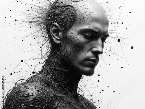 Abstract monochrome portrait of a futuristic man with intricate textures and neural connections, representing advanced technology and innovation