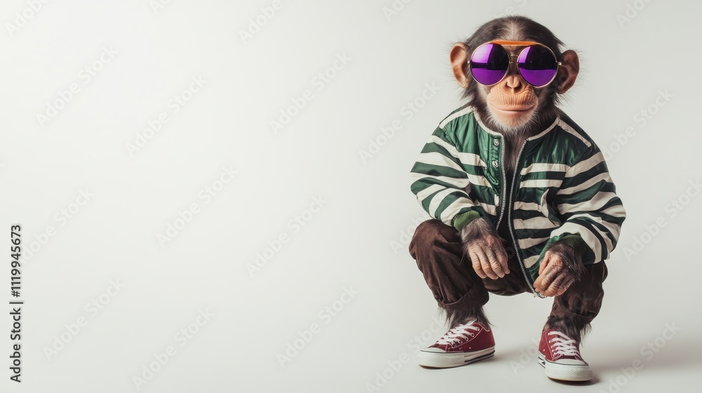 A stylish monkey wearing sunglasses and a jacket, posing confidently. A stylish monkey wearing sunglasses and a jacket, posing confidently.