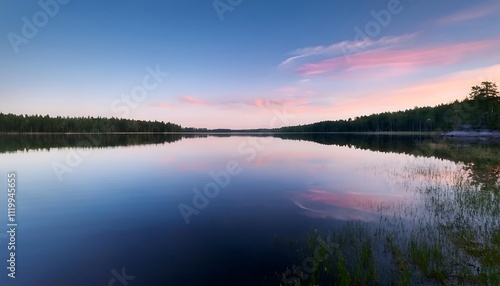 Tranquil lake at dusk with colorful sky reflections.