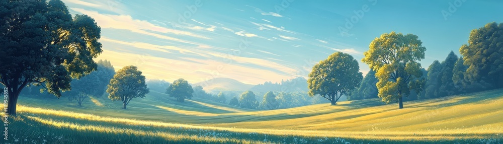 Naklejka premium Serene Sunrise Over Rolling Hills with Lush Greenery and Majestic Trees in a Tranquil Countryside Landscape