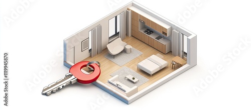 Red key to a modern apartment isometric illustration.