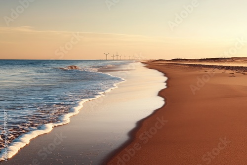 Wallpaper Mural Wind farm at sunset over tranquil beach coastal landscape natural beauty serene atmosphere inspirational view of renewable energy Torontodigital.ca