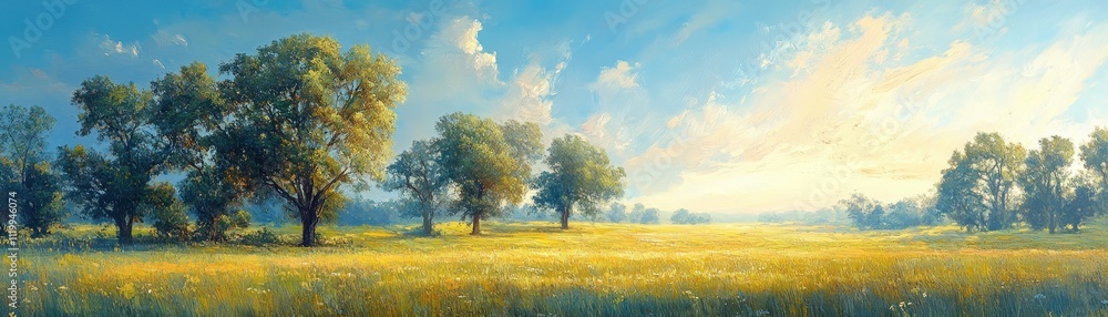 Beautiful Summer Landscape with Lush Green Trees and a Vast Meadow Under a Clear Blue Sky with Soft Clouds Beautiful Summer Landscape with Lush Green Trees and a Vast Meadow Under a Clear Blue Sky with Soft Clouds