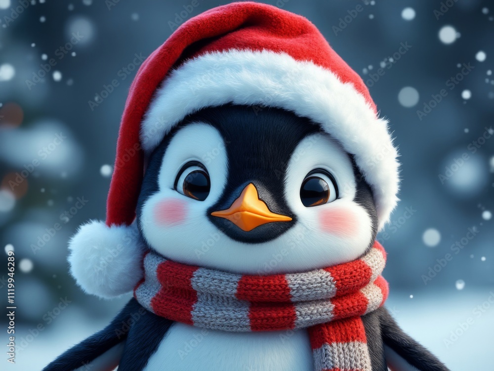 Adorable cartoon-style penguin wearing a Santa hat and red scarf in a snowy winter background, festive holiday illustration Adorable cartoon-style penguin wearing a Santa hat and red scarf in a snowy winter background, festive holiday illustration
