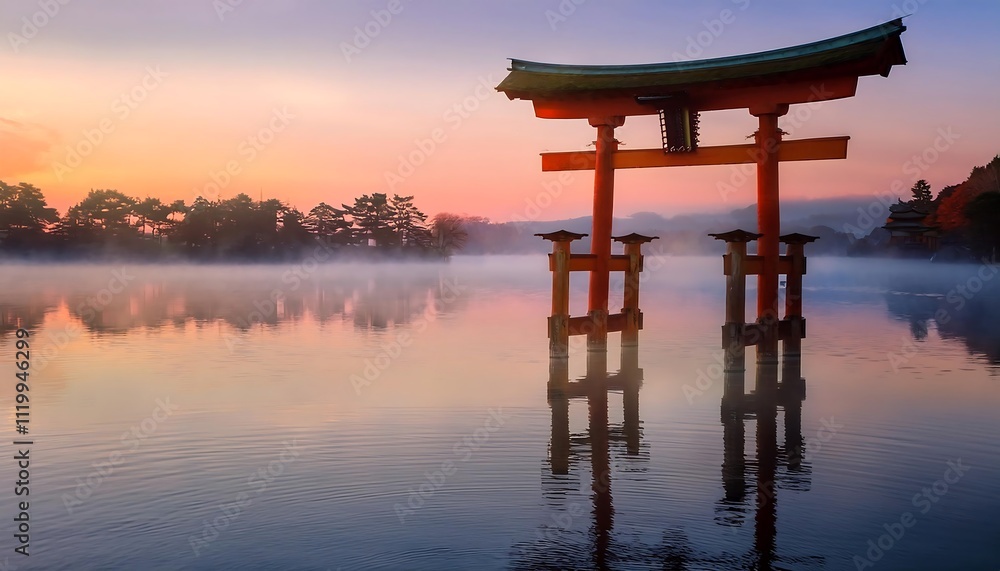 Serene torii gate at dawn over tranquil water. Serene torii gate at dawn over tranquil water.
