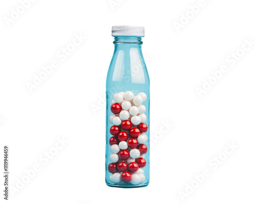 a bottle with red and white balls inside photo