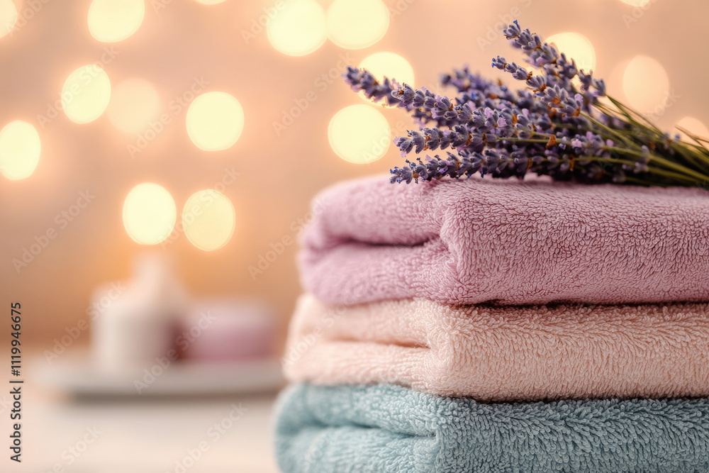 Stacked Towels with Lavender on Light Decor Background Stacked Towels with Lavender on Light Decor Background