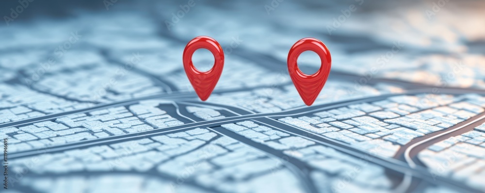 Fototapeta premium High-resolution 3D visualization of two red location pins on a city map, illustrating GPS navigation and digital mapping technology, with a focus on pinpoint accuracy and geolocation.