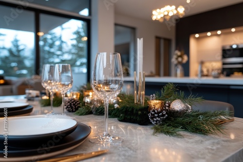 An elegantly decorated dining table featuring sparkling glassware and seasonal decorations, creating a warm and inviting atmosphere for a winter celebration and gathering. photo