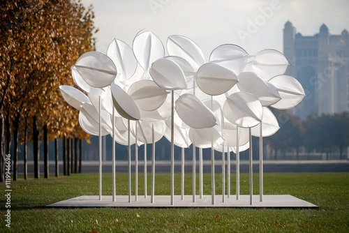 Urban art installation featuring wind turbines city park sculpture outdoor space ground view sustainability concept for eco-friendly living photo