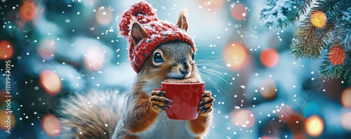 A cheerful cute squirrel in a knitted hat drinks cocoa from a cup against the background of a winter forest with fir trees, snow and colorful lights.