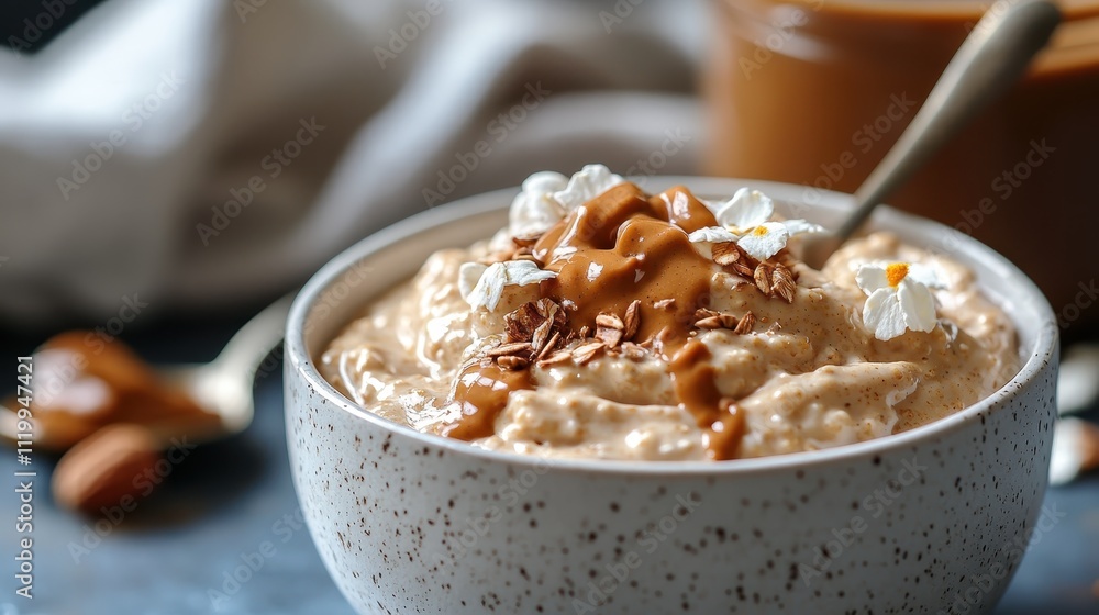 A delightful nutty oatmeal bowl drizzled with rich caramel sauce and topped with toasted oats and popcorn flakes, perfect for a indulgent and hearty breakfast. A delightful nutty oatmeal bowl drizzled with rich caramel sauce and topped with toasted oats and popcorn flakes, perfect for a indulgent and hearty breakfast.