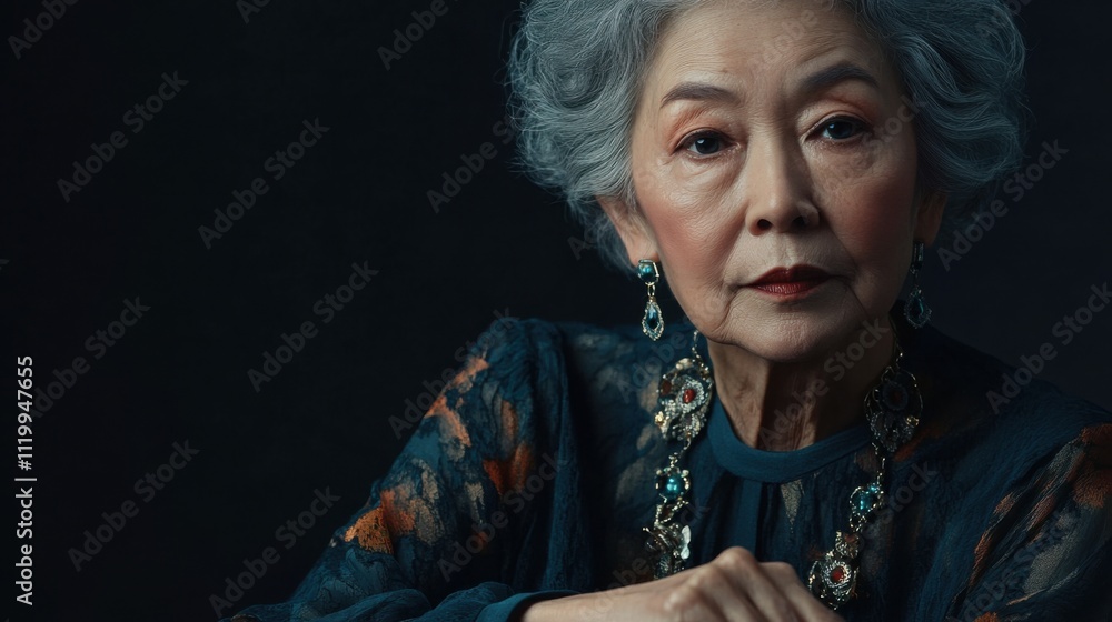 優雅さと知恵:暗い背景の中で宝石を身に着けた老女の肖像 優雅さと知恵:暗い背景の中で宝石を身に着けた老女の肖像