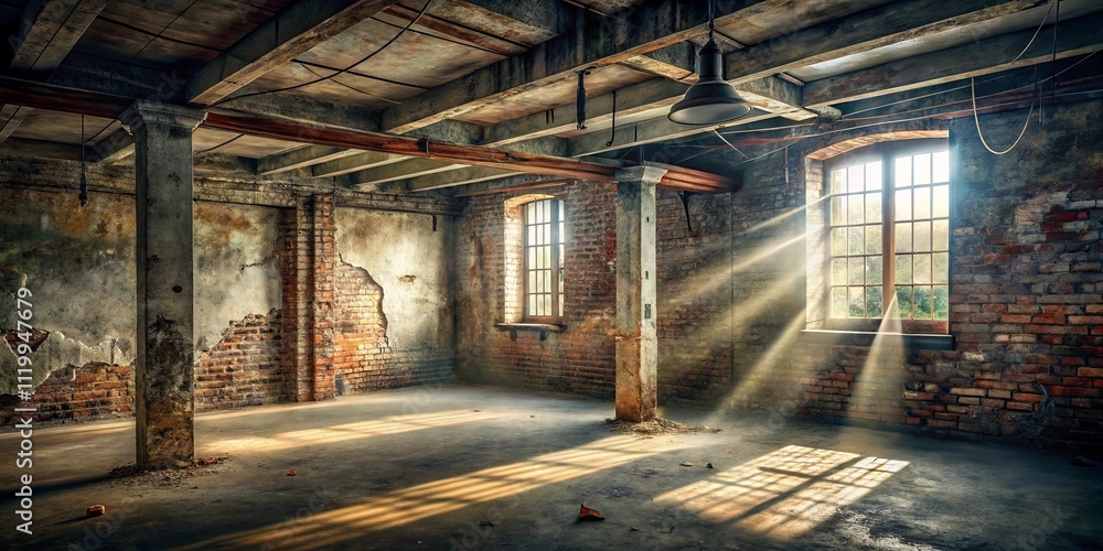 Sunbeams Illuminate a Derelict Industrial Space with Exposed Brick Walls and Aged Concrete Pillars Sunbeams Illuminate a Derelict Industrial Space with Exposed Brick Walls and Aged Concrete Pillars