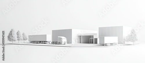 Minimalist 3D model of warehouse with trucks.
