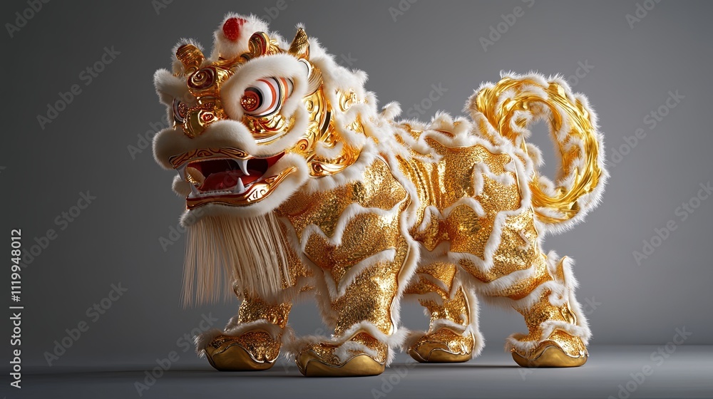A detailed view of a golden lion dance costume, positioned picture A detailed view of a golden lion dance costume, positioned picture