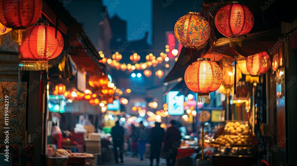 A festive street market with glowing lanterns, food stalls, picture A festive street market with glowing lanterns, food stalls, picture