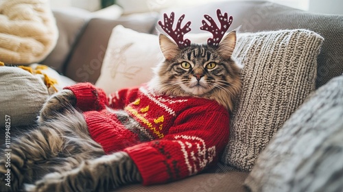 A fluffy Maine Coon cat in a knitted red Christmas sweater picture photo