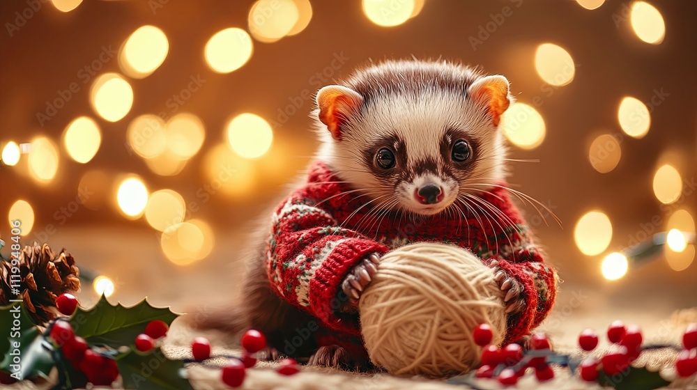 A fluffy ferret dressed in a knitted sweater with holly picture A fluffy ferret dressed in a knitted sweater with holly picture