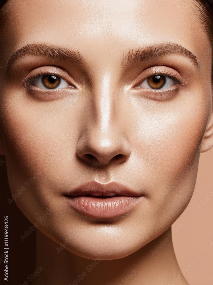 A close-up portrait of a serene young woman with flawless skin and captivating brown eyes, showcasing natural beauty. A close-up portrait of a serene young woman with flawless skin and captivating brown eyes, showcasing natural beauty.