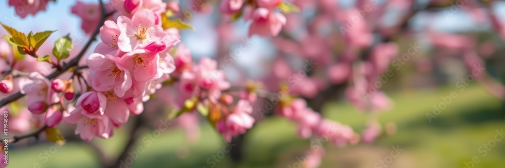 Cherry blossoms bloom in a tranquil park during spring, showcasing vibrant pink flowers against a serene background Cherry blossoms bloom in a tranquil park during spring, showcasing vibrant pink flowers against a serene background