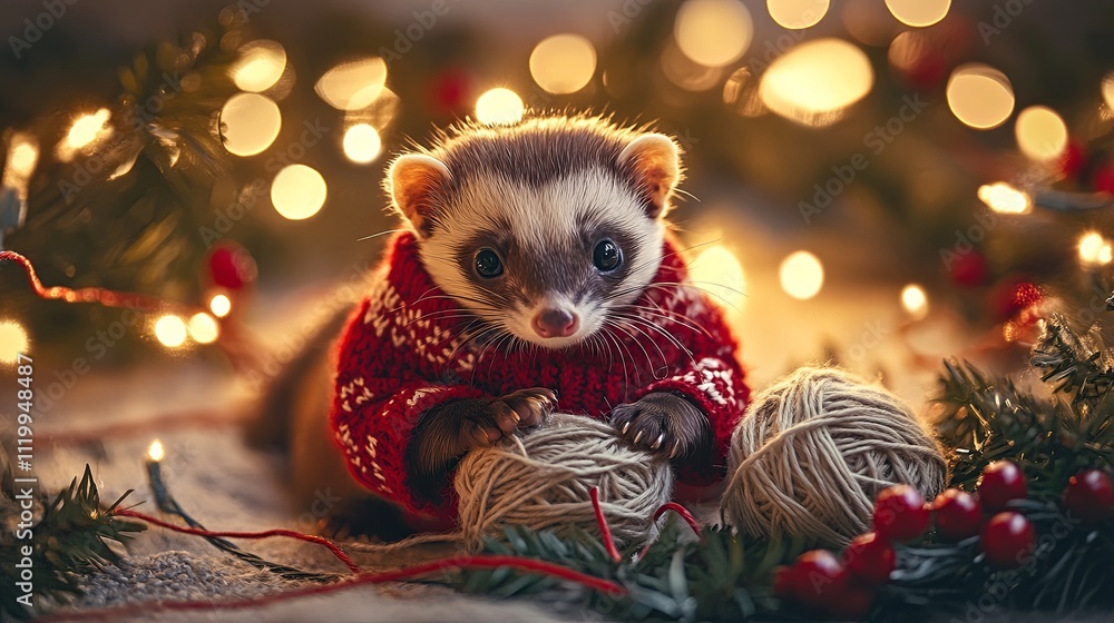 A fluffy ferret dressed in a knitted sweater with holly picture A fluffy ferret dressed in a knitted sweater with holly picture
