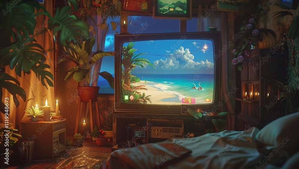 Tropical beach scene on an old television set in a dimly lit room filled with plants and candles. A cozy, nostalgic vibe. Tropical beach scene on an old television set in a dimly lit room filled with plants and candles. A cozy, nostalgic vibe.