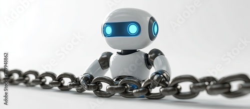 Small robot restrained by a heavy chain. photo