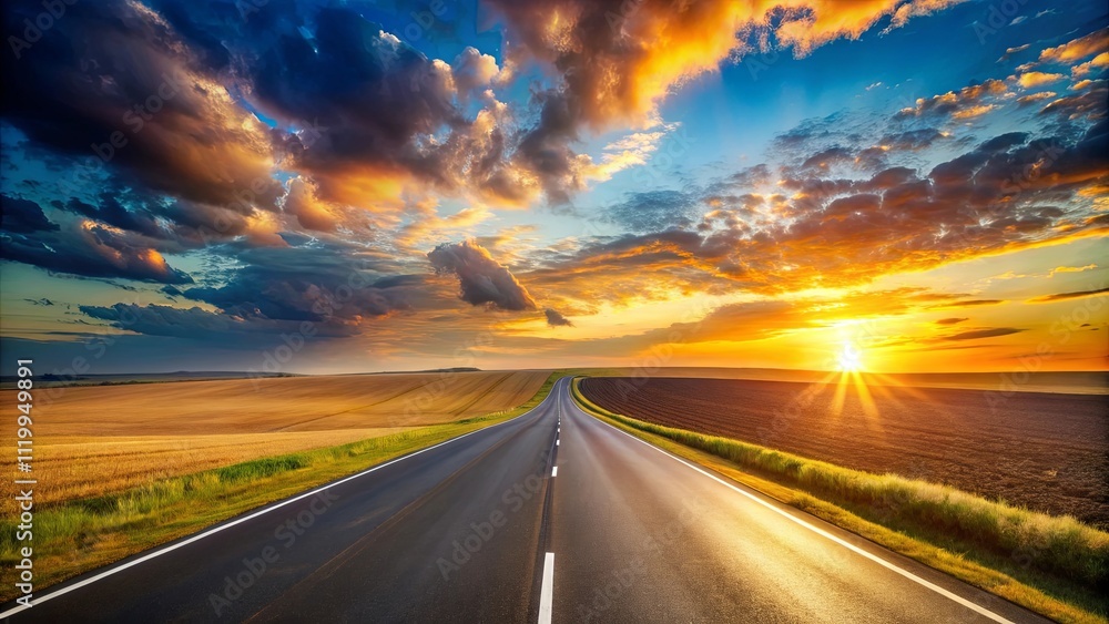 Asphalt road disappearing into a vibrant sunset over a picturesque landscape of golden fields and dark tilled earth. Asphalt road disappearing into a vibrant sunset over a picturesque landscape of golden fields and dark tilled earth.