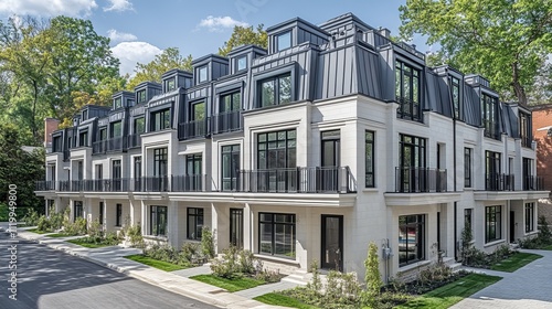 A series of modern townhomes with white walls and gray metal roofs, each including a balcony on the second floor. photo