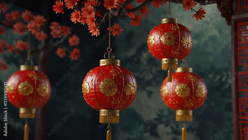 Obraz premium Red Chinese Lanterns Hanging From Blossoming Branches